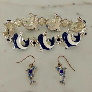 Cute Dolphin Bracelet and Earrings Silver Blue
